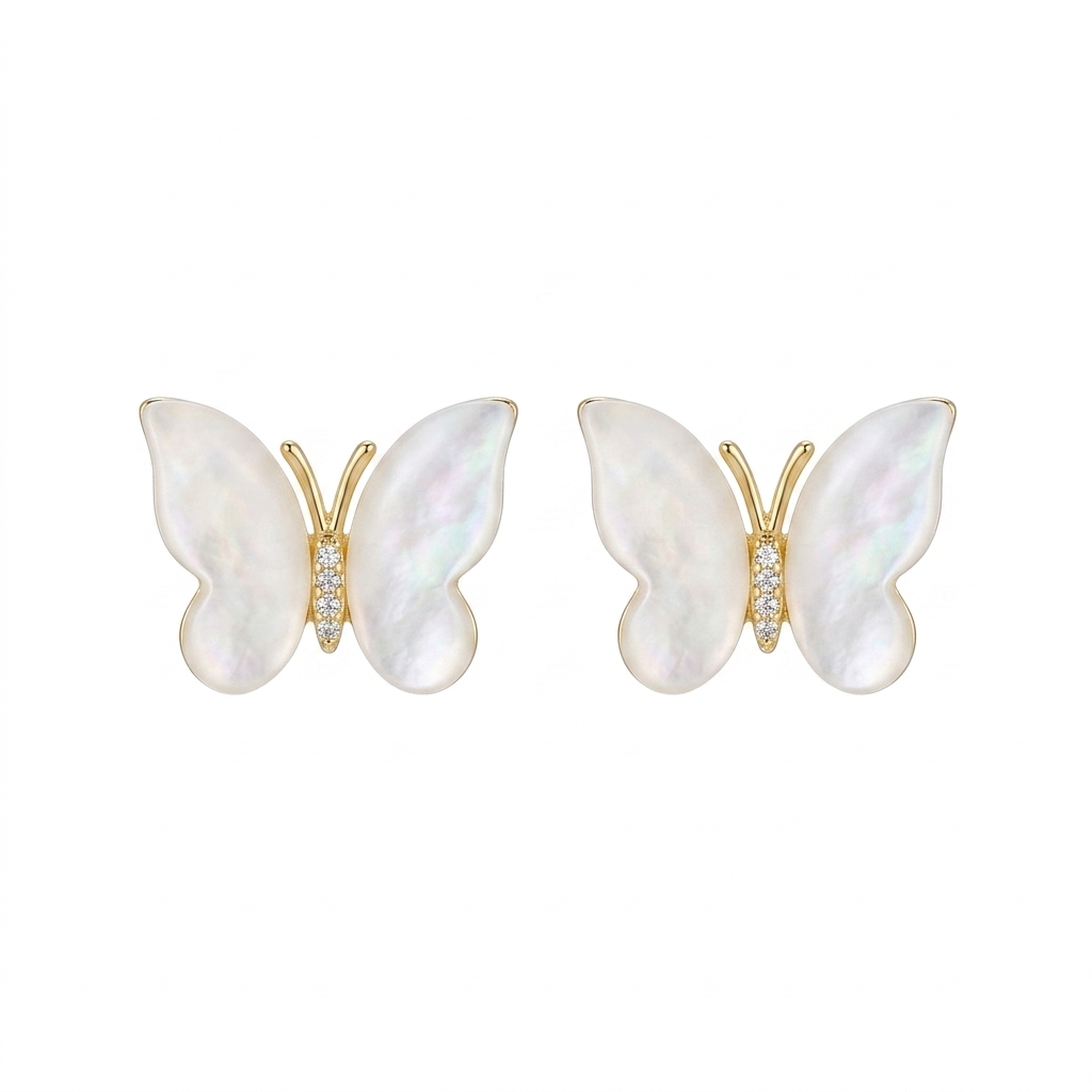 Butterfly mother shell earrings on white background