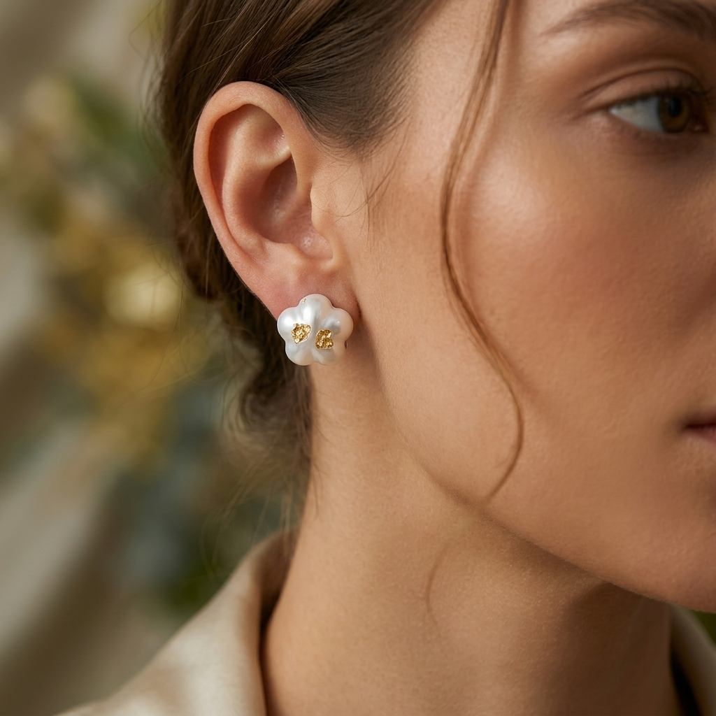 Pearl gold foil earrings worn on model ear