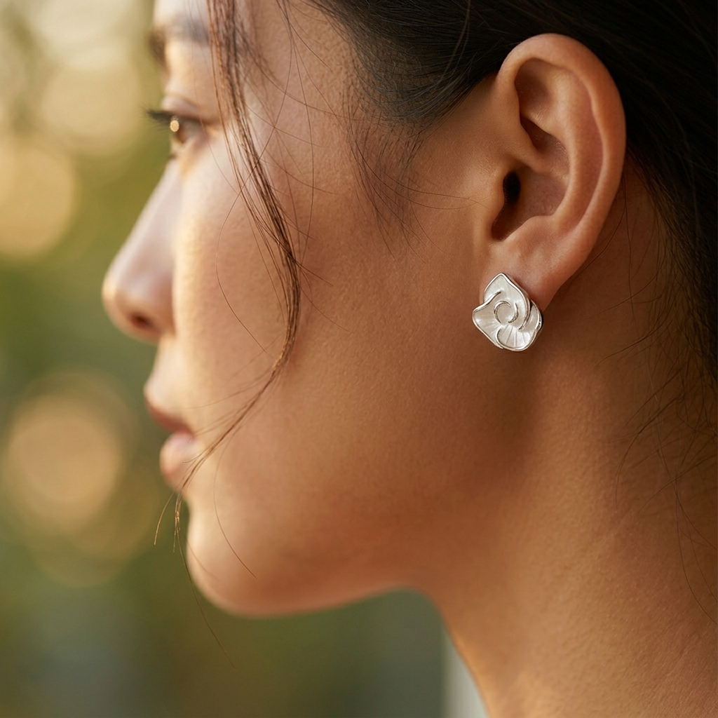 Wine red resin earrings worn on model ear
