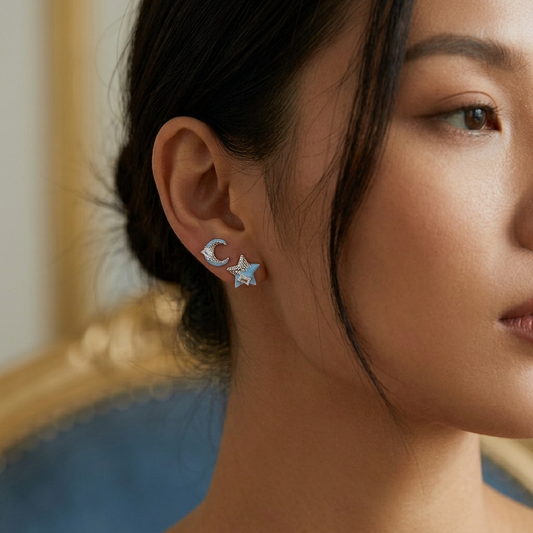 French butterfly pearl earrings worn on model ear