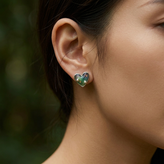 Balloon dog earrings worn on model ear