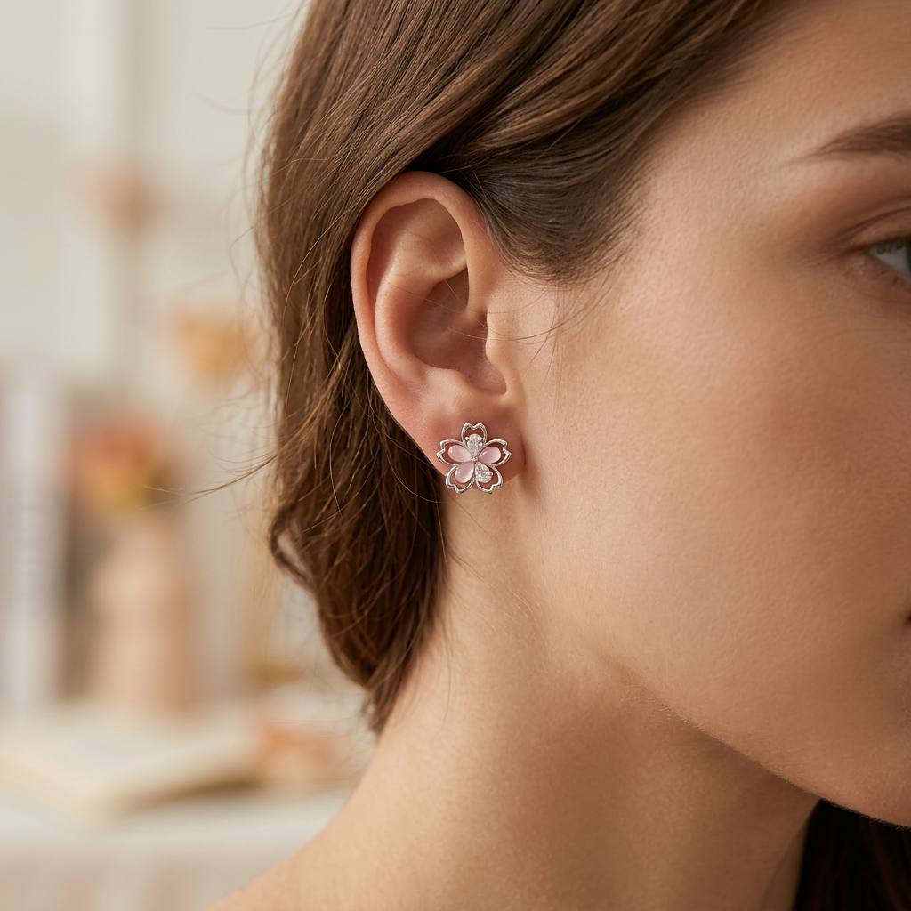 Hollow asymmetrical flower earrings worn on model ear