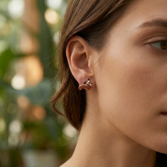 Glitter drop oil love earrings worn on model ear