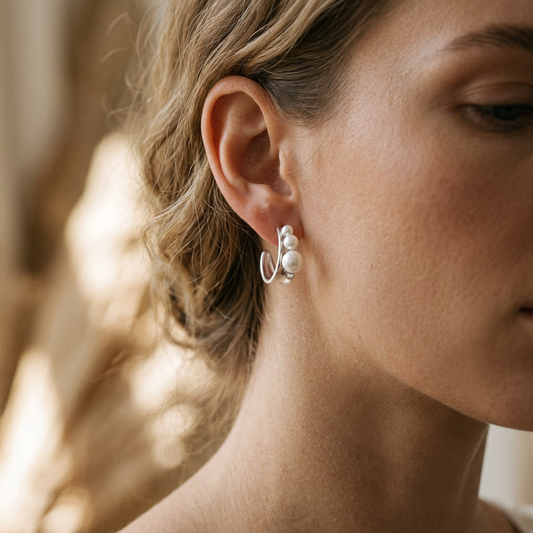 Brown puppy bone earrings worn on model ear