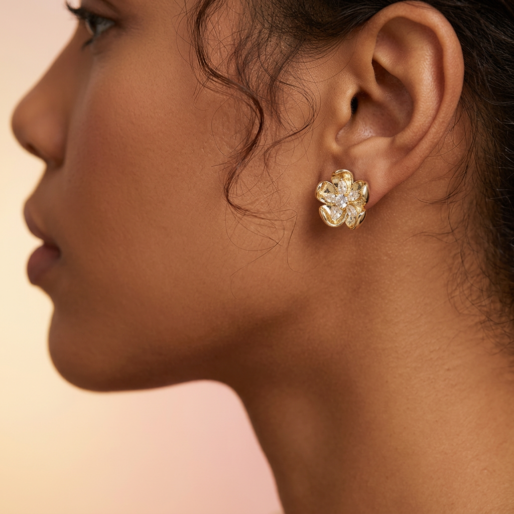 Colorful butterfly earrings worn on model ear
