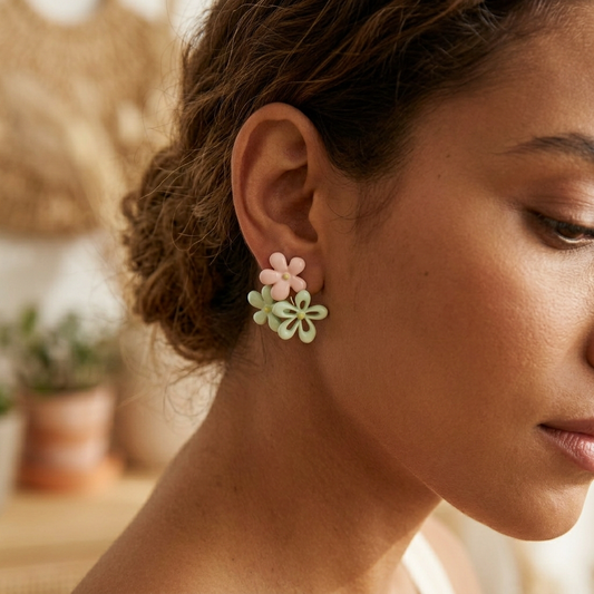 Blue orange enamel flower earrings worn on model ear