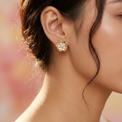 French retro golden flower zircon earrings worn on model ear