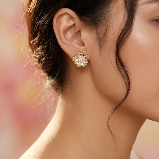 French retro golden flower zircon earrings worn on model ear