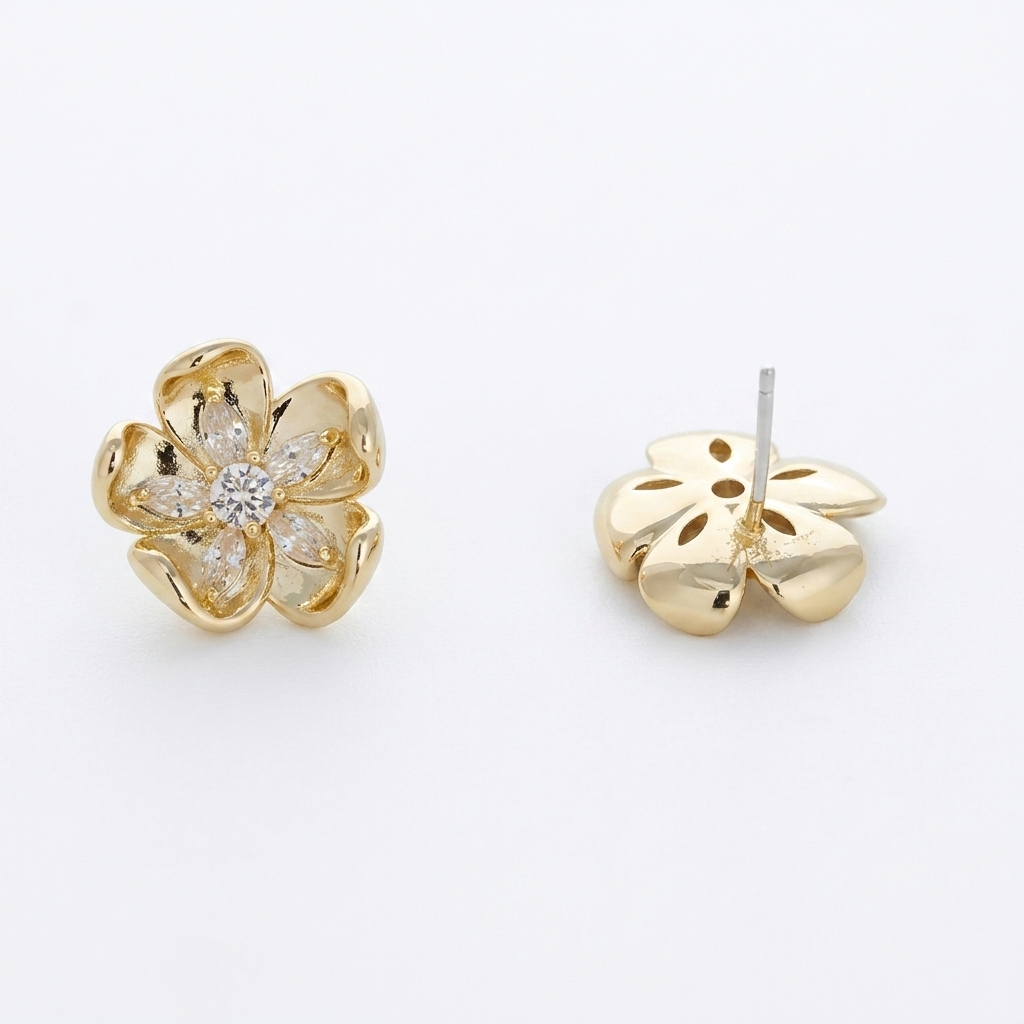 French retro golden flower zircon earrings on white background