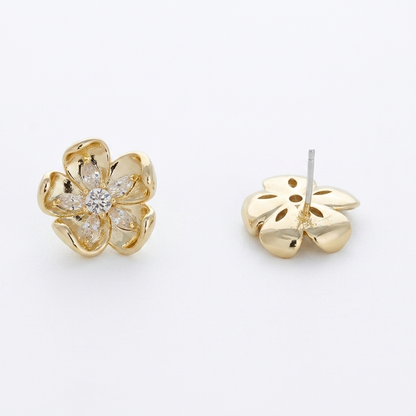French retro golden flower zircon earrings on white background