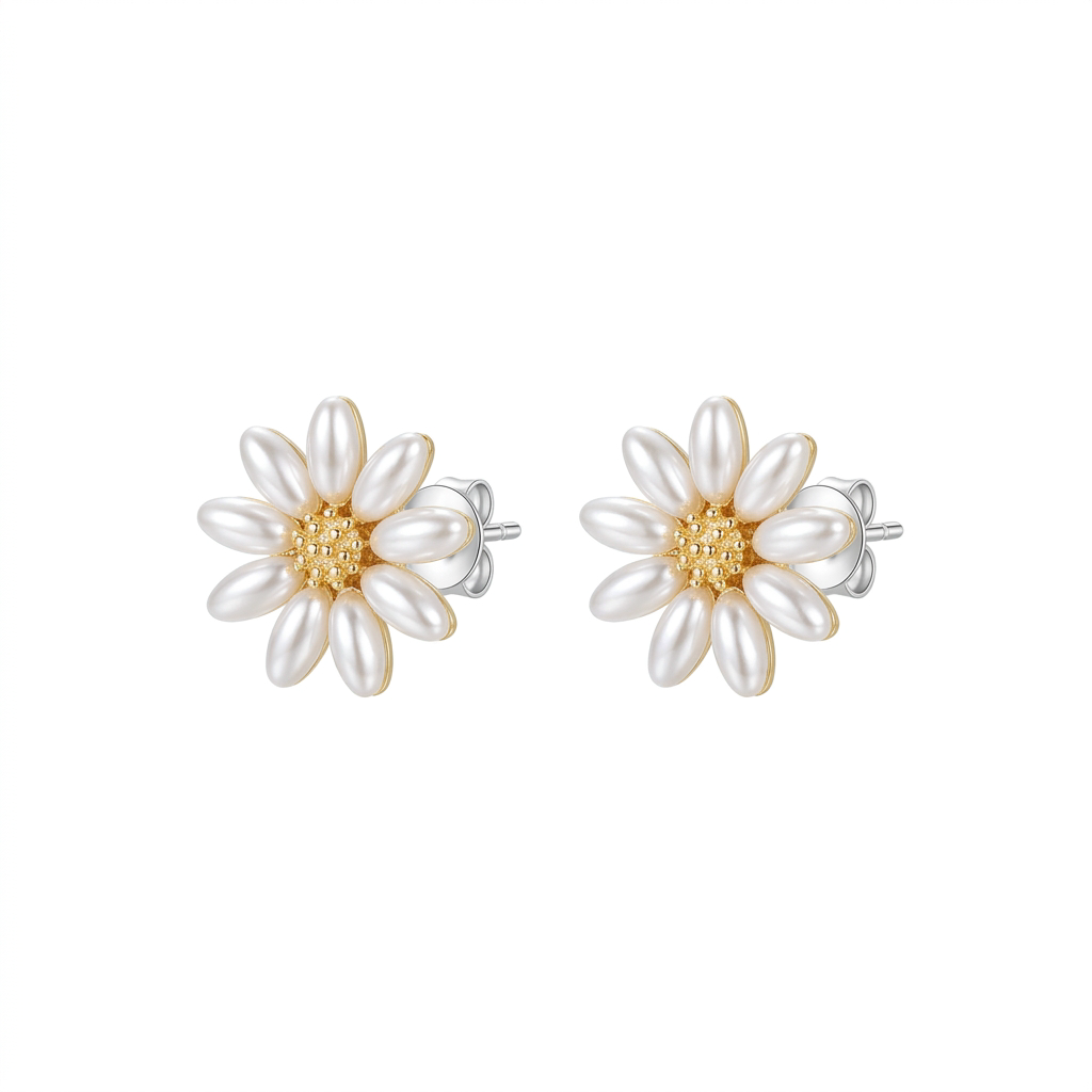 Summer fresh daisy pearl earrings on white background