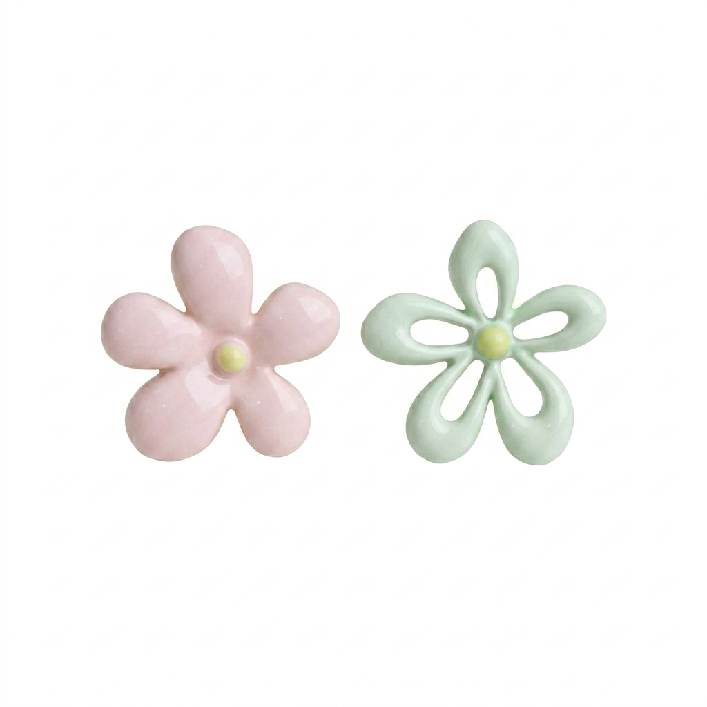 Korean color-clash flower earrings on white background