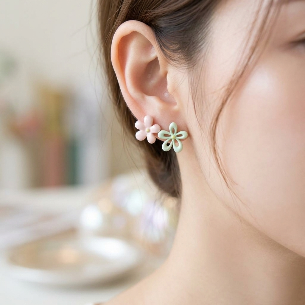 Korean color-clash flower earrings worn on model ear