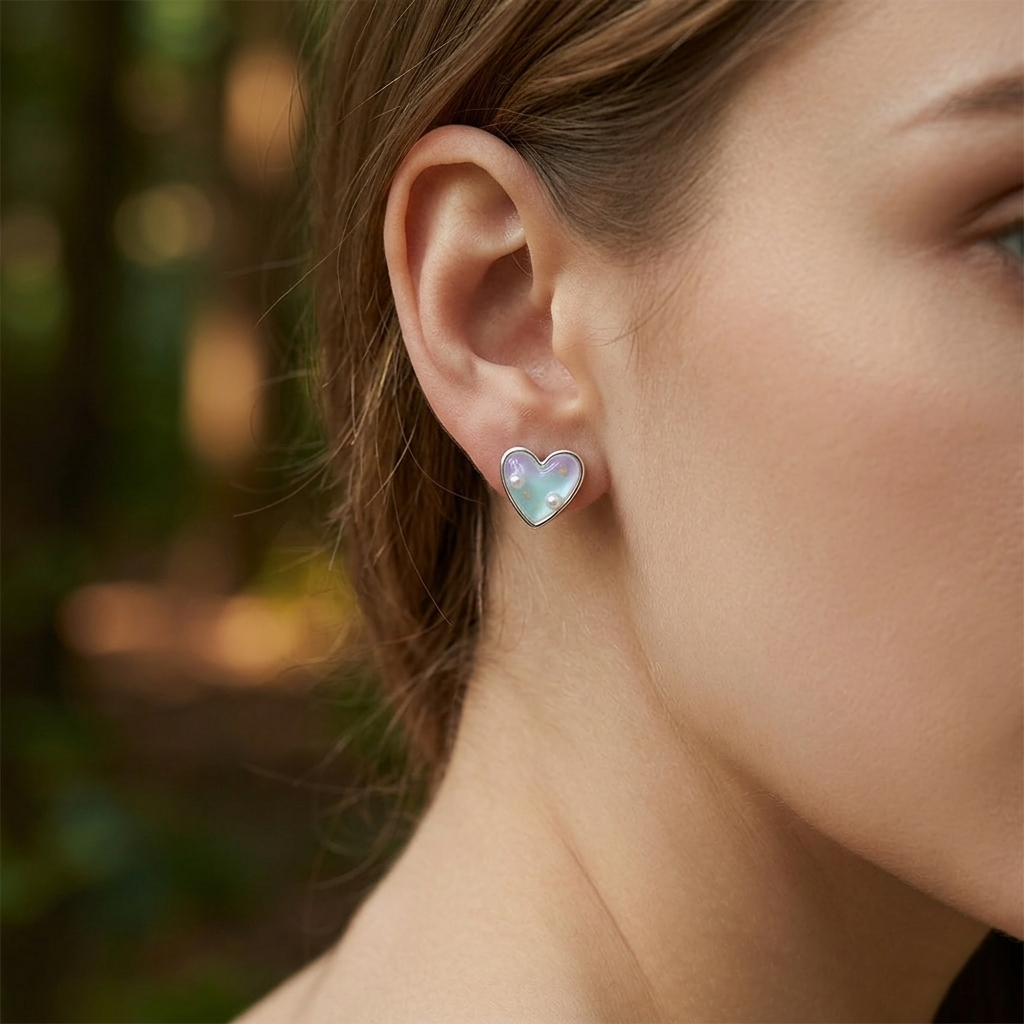 Forest style gradient heart earrings worn on model ear