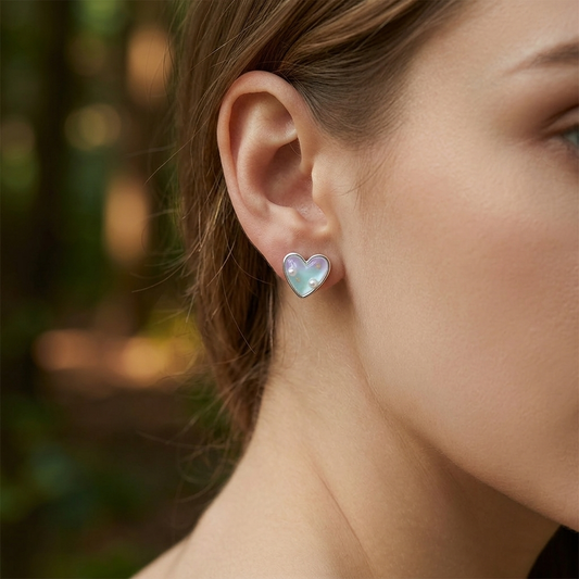 Forest style gradient heart earrings worn on model ear